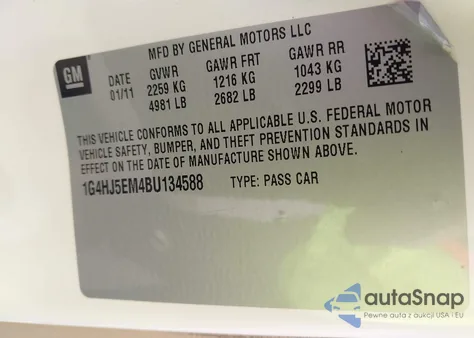 2011 Buick Lucerne Cxl Premium z USA, uszkodzony, nr VIN 1G4HJ5EM4BU134588